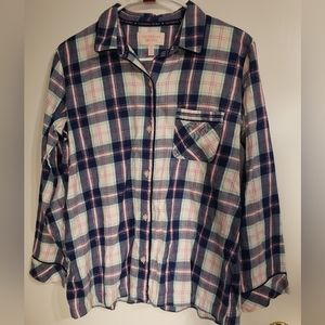 Victoria's Secret Long Sleeve Plaid Pajama Top Pink Navy Aqua Women's Size Large
